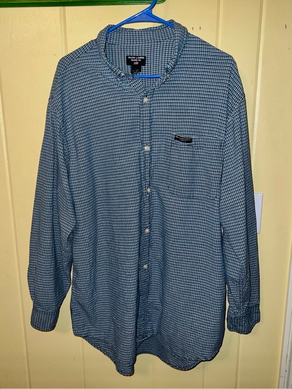 Vintage Polo Ralph Lauren Shirt Blue Plaid Classic Button Up Long Sleeve Size L